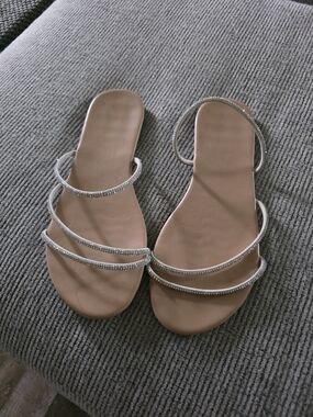 Women's Nude Strappy Rhinestone Slide Sandals